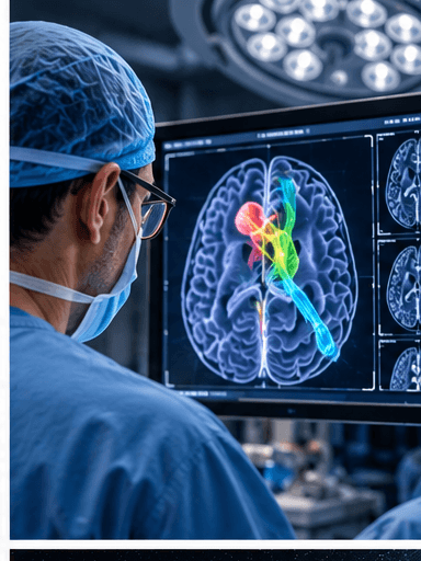 Editorial illustration of a surgeon viewing AI-highlighted brain structures on an operating-room monitor.