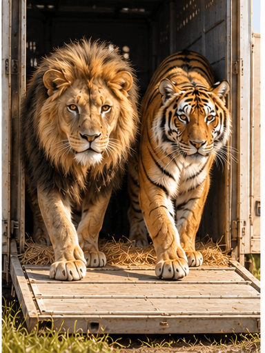 Editorial illustration of a lion and tiger stepping out of a transport enclosure.