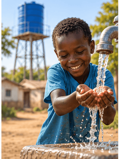 Editorial illustration of a child washing their hands with flowing water near a community water tank.